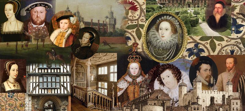 large-scale collage of images showing people and places from 16th-century England