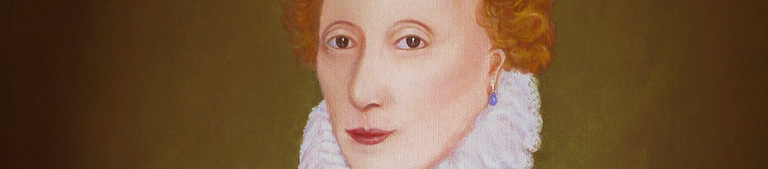 narrow crop of face of Tudor Queen Elizabeth I against gold-brown background, with text