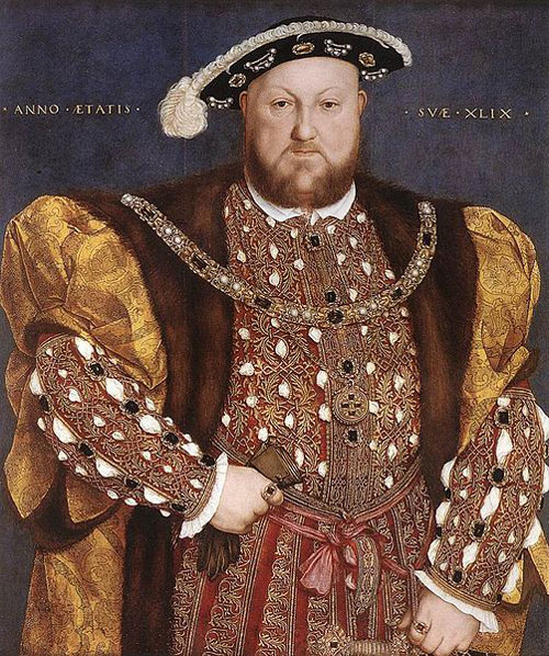 full-length portrait of Tudor king, Henry VIII in elaborate embroidered clothing