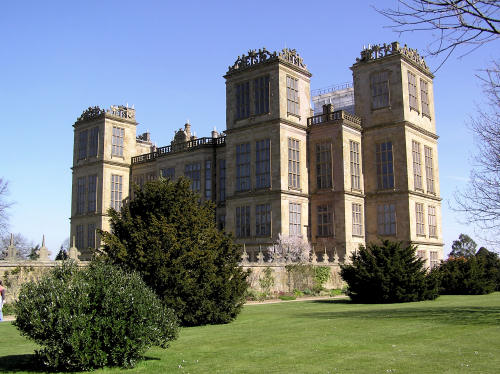 Hardwick hall, an Elizabethan stately home with lawns and shrubs
