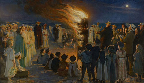 nocturnal scene at midsummer with people celebrating around bonfire - Midsummer's Eve