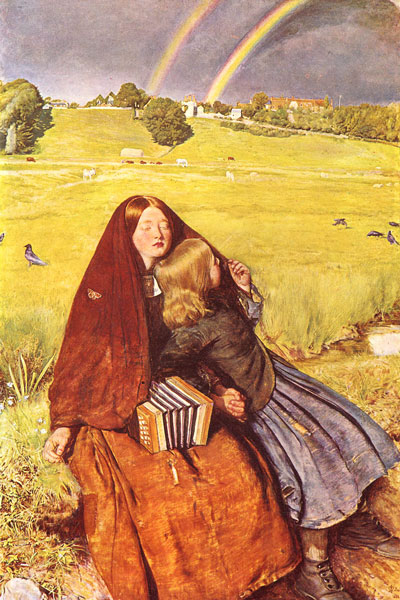 Painting shows young woman with shawl outdoors, plus younger girl glancing at rainbow behind