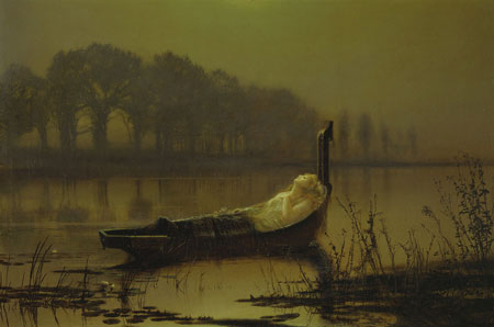 dark painting of river with young woman lying in a small boat, the Lady of Shalott