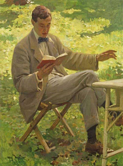 painting of man in bow tie seated outdoors at table reading book