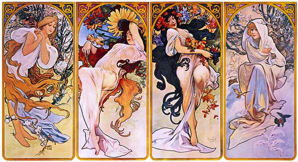 bright coloured illustration showing art-neoveau style representation of four seasons