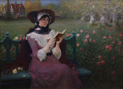 elegant Victorian woman seated on bench outdoors, reading from book