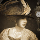 head and shoulders of elegant Edwardian woman in hat, dark background