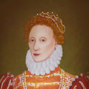 head and shoulders of Elizabeth I, queen, in scarlet, with white ruff